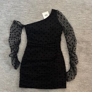 NWT Hello Molly Black One-Shoulder Dress with Sheer Sleeve